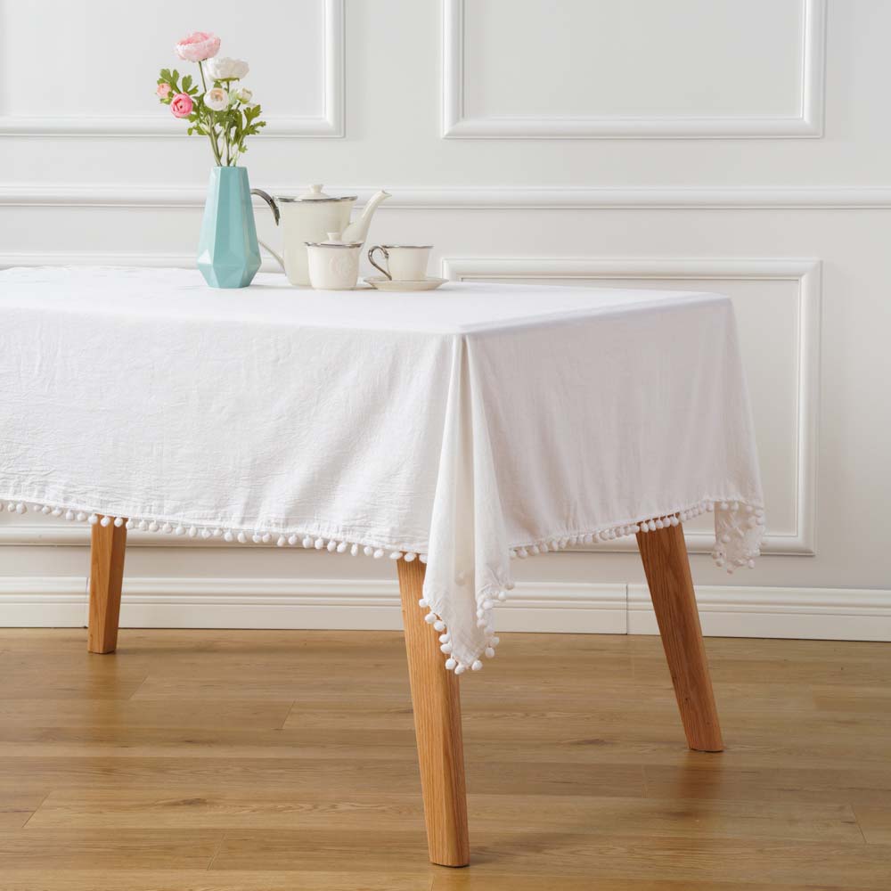 Polycotton White Pom Pom Tablecloth 1