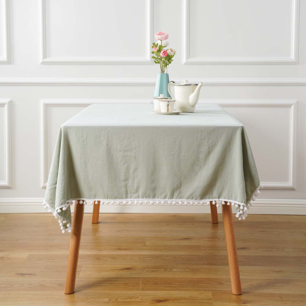 Polycotton White Pom Pom Tablecloth 2