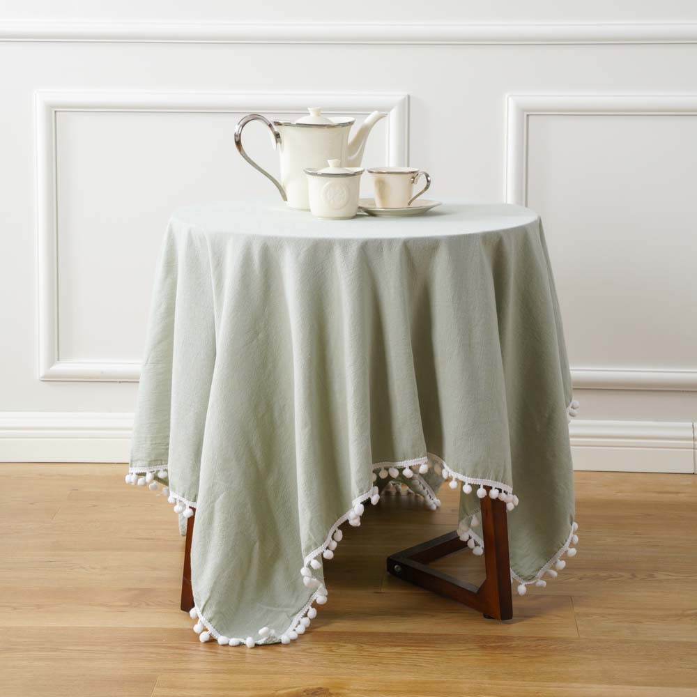 Polycotton White Pom Pom Tablecloth 4