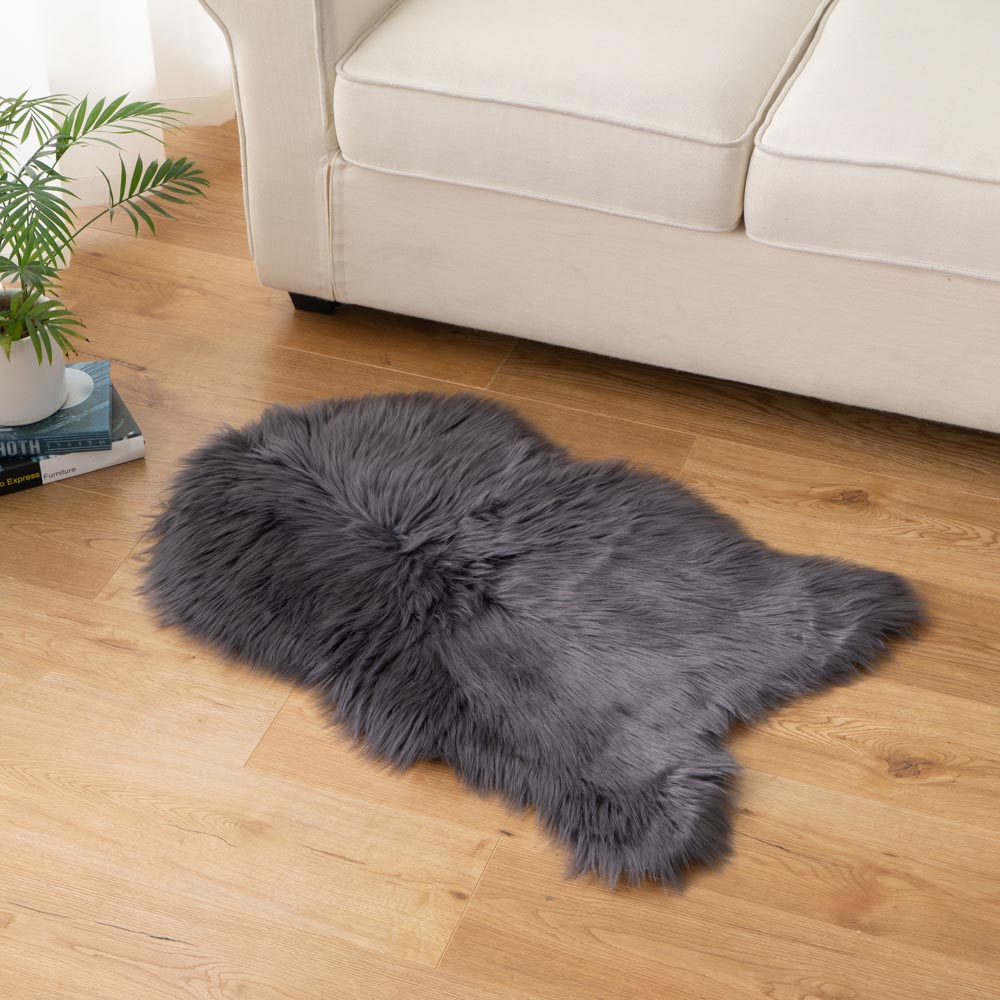 Grey faux sheepskin rug, plush oval area carpet for home decor