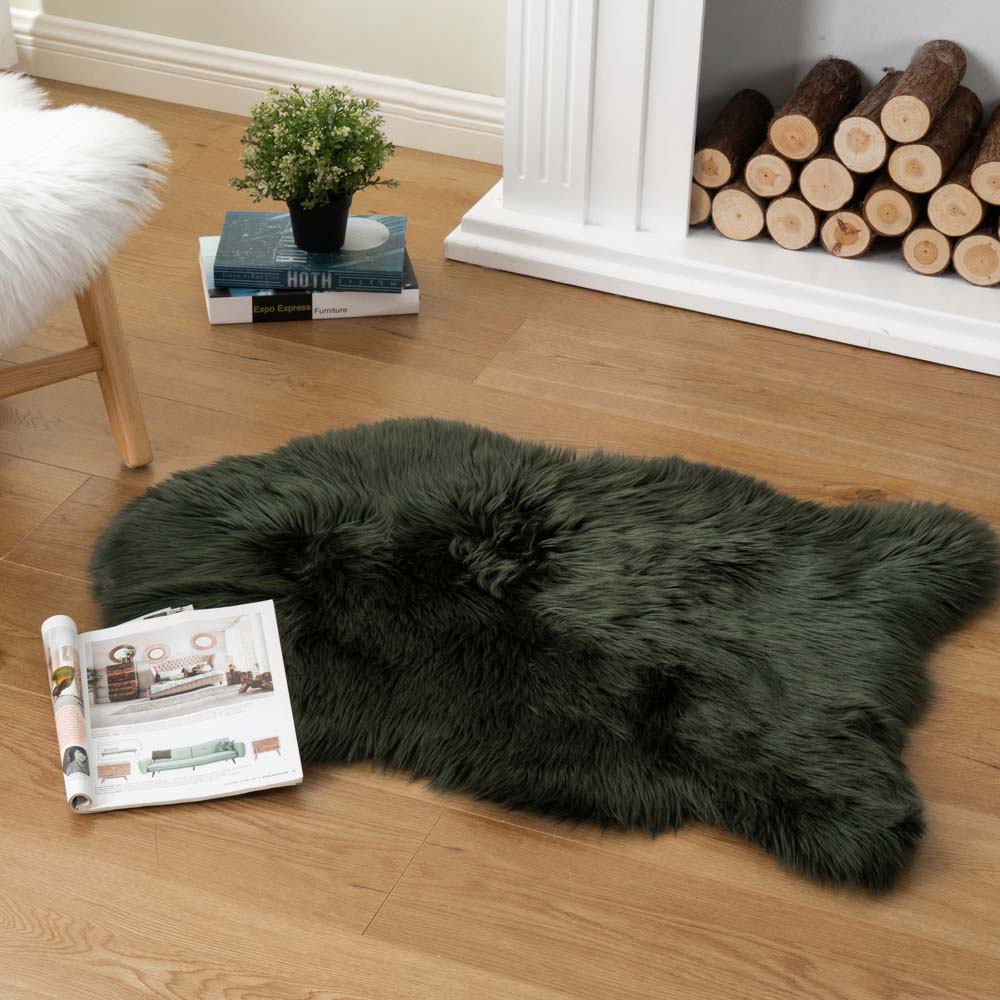 thick-shag-faux-sheepskin-rug-irregular-shape.jpg Thick shag pile faux sheepskin rug in olive green color, displayed from a professional custom rug manufacturer.