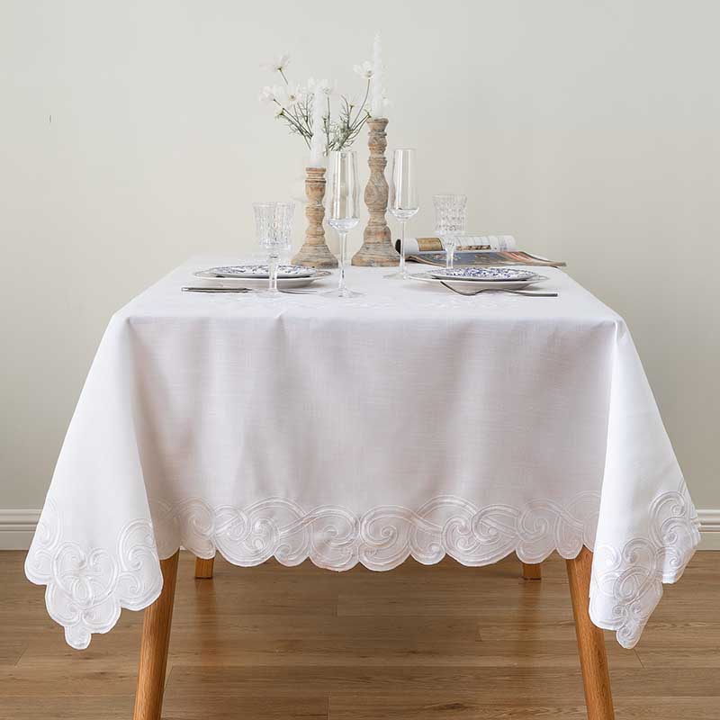 Elegant white embroidery tablecloth perfect for hotel hospitality events and banquet venues
