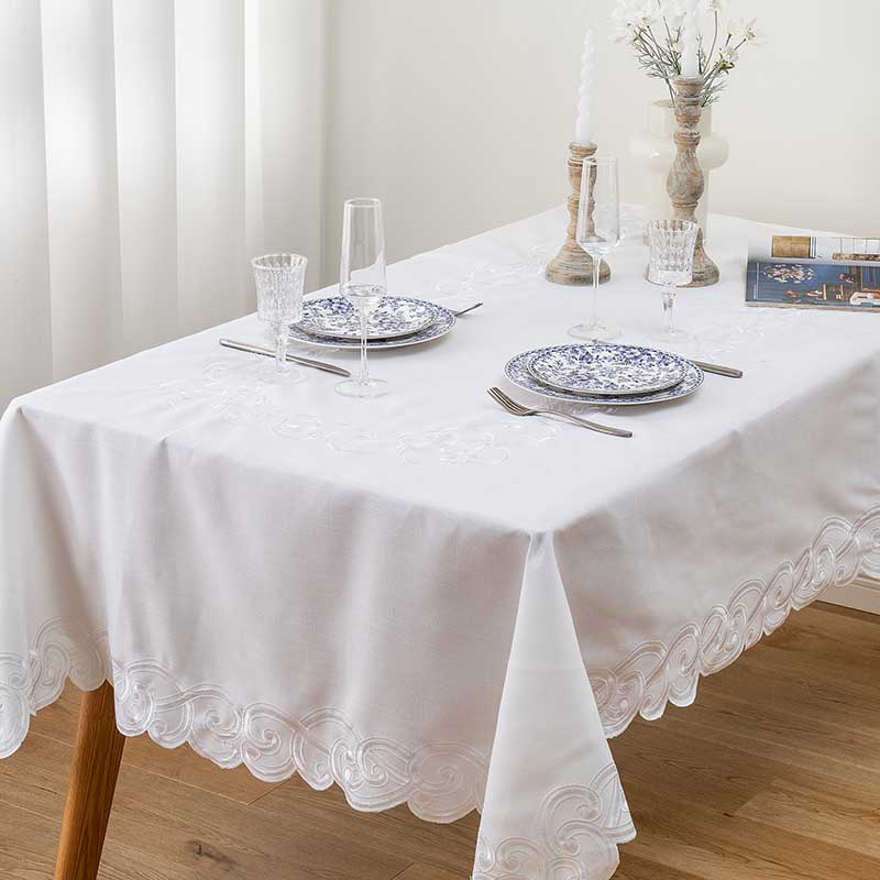 Premium wholesale embroidery tablecloth styled on a luxury wedding dinner table setting