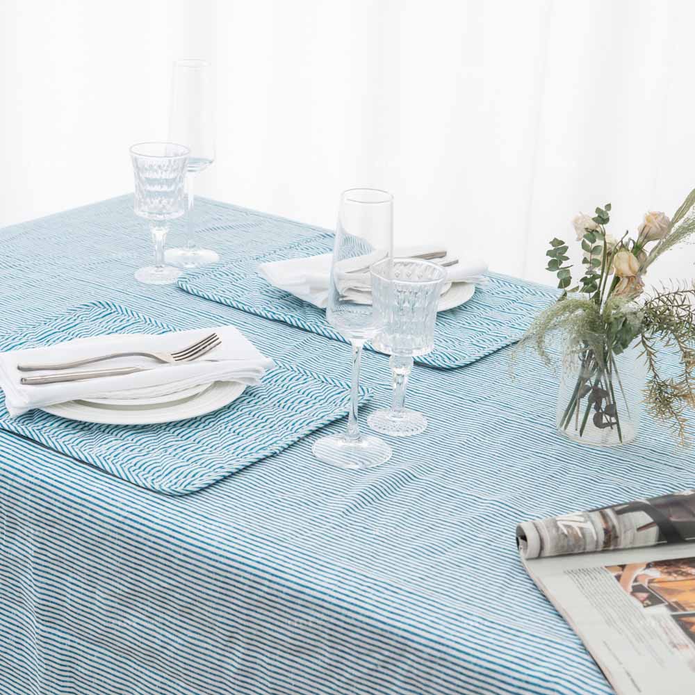 Blue Striped Flax Linen Tablecloth 1