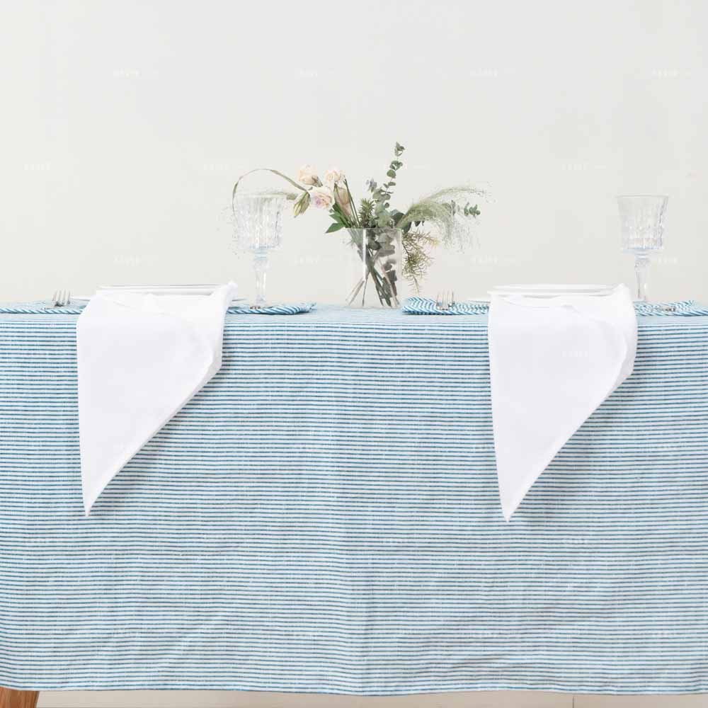 Blue Striped Flax Linen Tablecloth 3