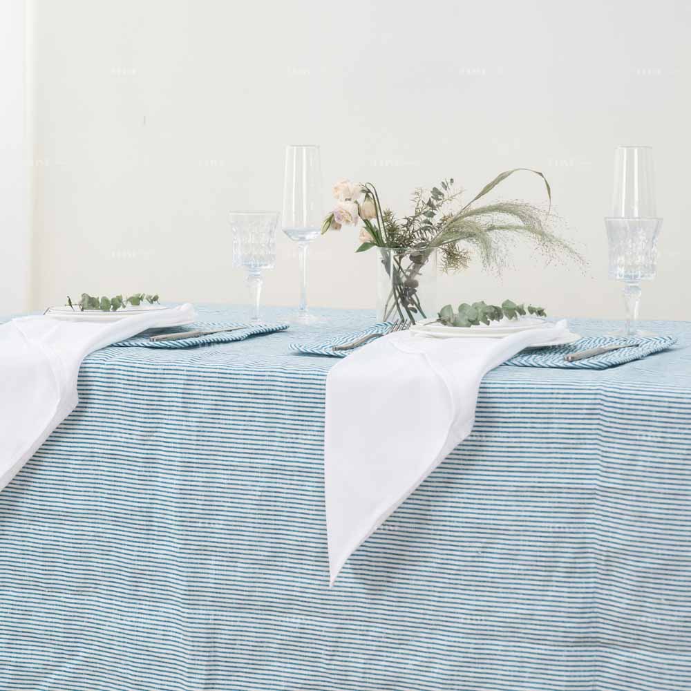 Blue Striped Flax Linen Tablecloth 4