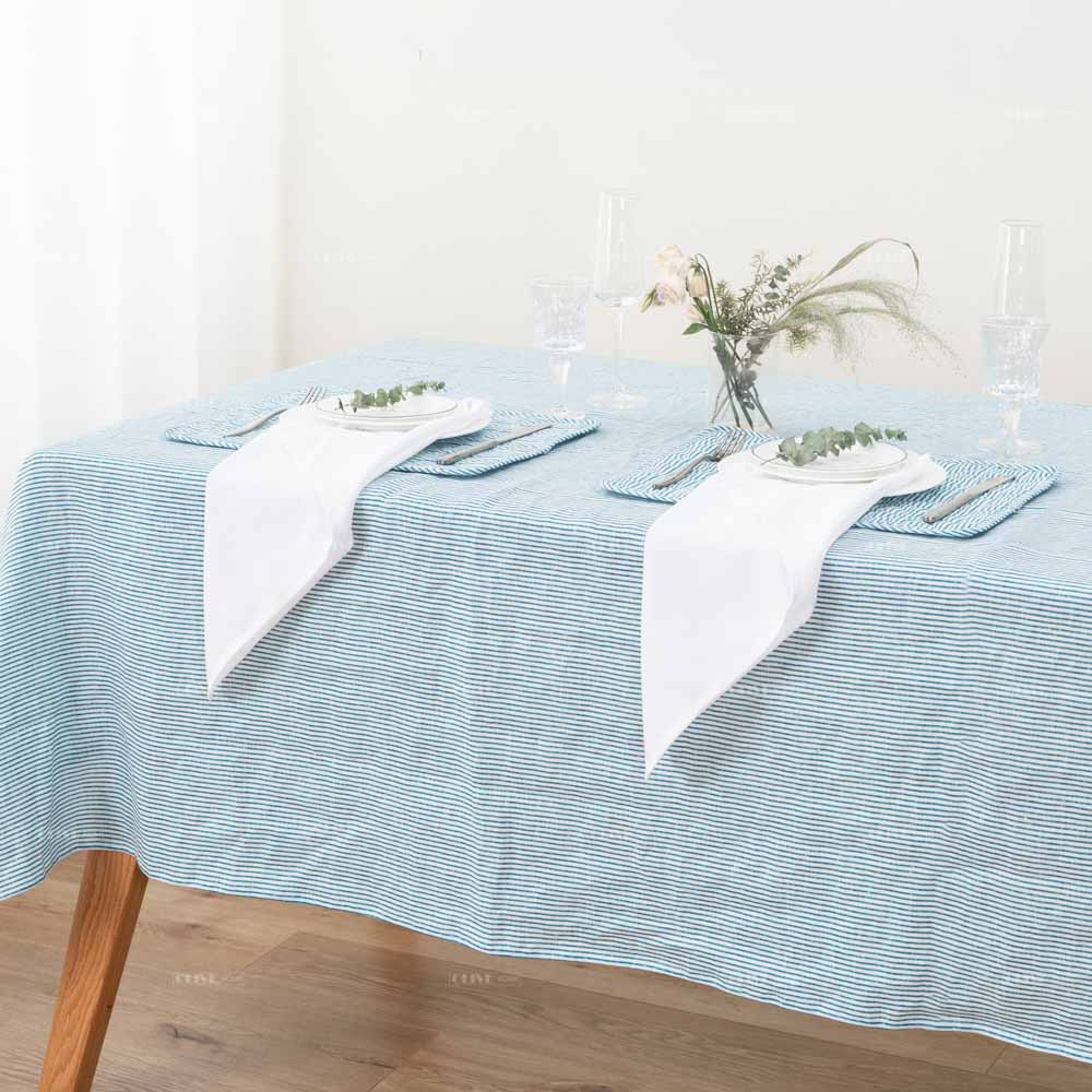 Blue Striped Flax Linen Tablecloth 5