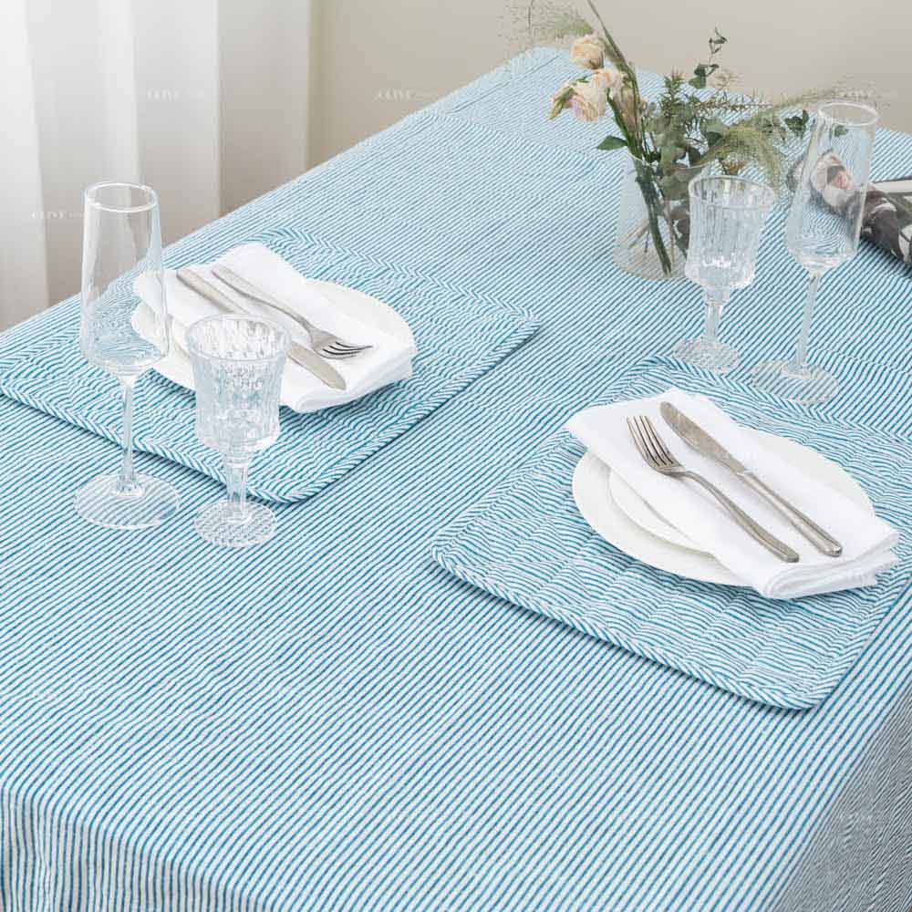 Blue Striped Flax Linen Tablecloth