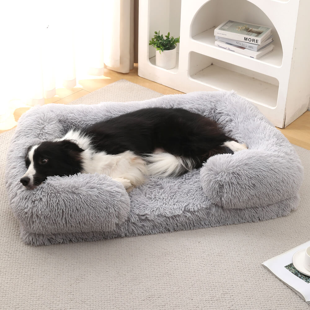 Border Collie relaxing on a calming long plush dog sofa bed, high-quality durable pet bedding for international distributors