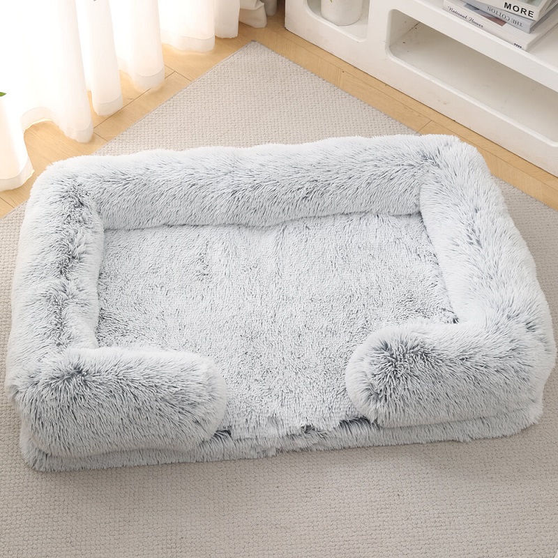 Light gray luxury long plush calming dog bed, anti-anxiety orthopedic pet lounger sofa, factory direct wholesale orders