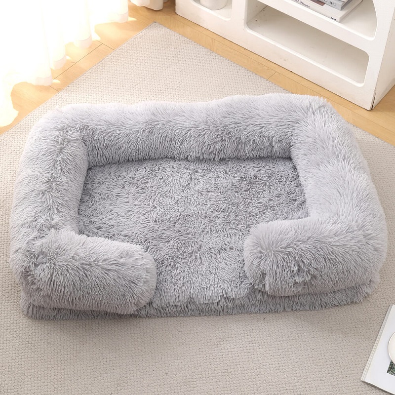 Top view of square calming long plush dog sofa bed, ortho foam base with bolsters, customized pet supply direct factory