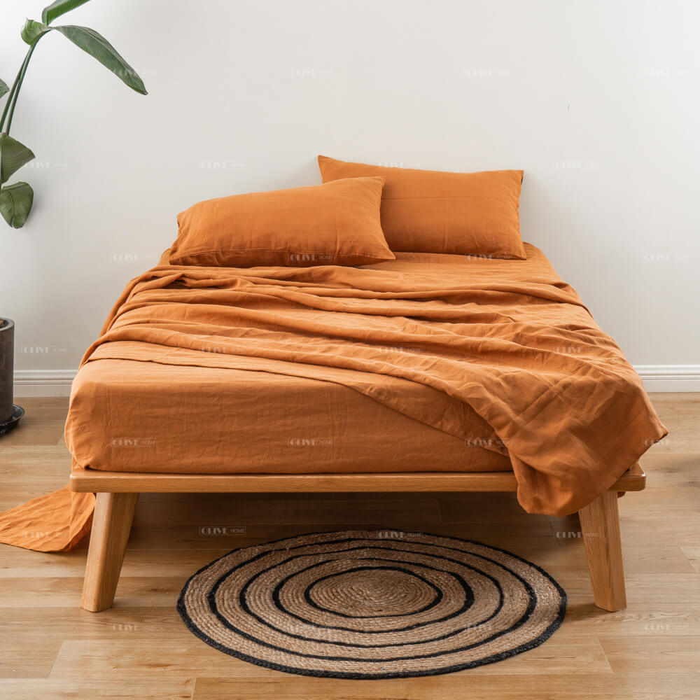 Luxury natural French flax linen sheet sets on bed for bedroom decor