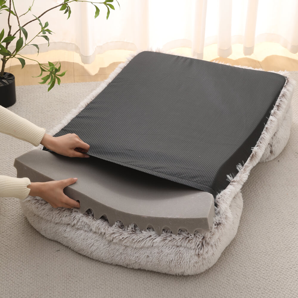 Inserting orthopedic foam slab into a removable calming plush dog bed cover, industrial grade zipper construction direct manufacturer