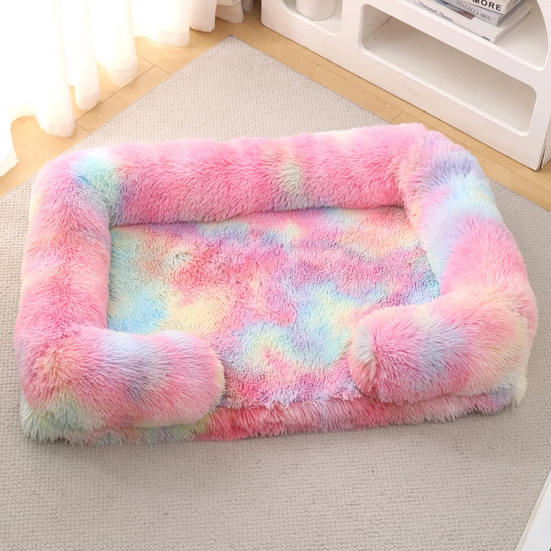 Tie-dye rainbow colored plush calming dog bed variant, personalized custom pattern pet products for Amazon and Shopify retail sellers