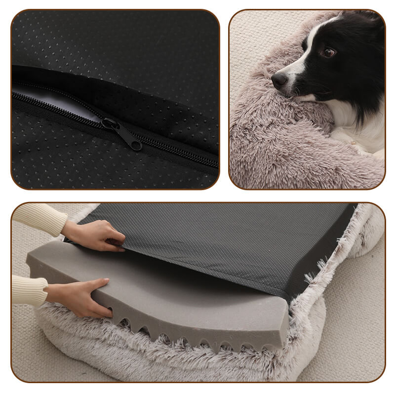 Wholesale Calming Removable Long Plush Dog Sofa Bed 5 1 1 Details of wholesale calming removable long plush dog sofa bed showing the non-slip bottom, smart zipper, and supportive egg-crate foam base with a border collie resting.