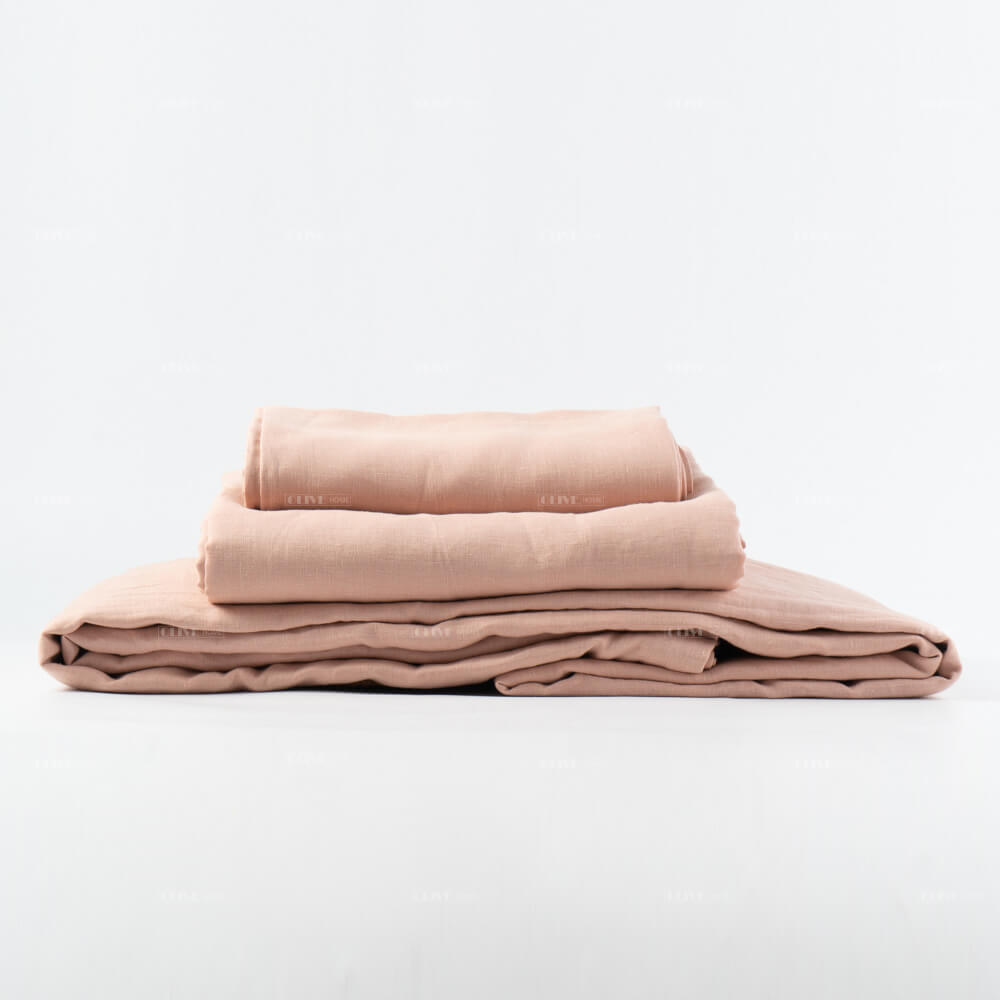 Wholesale customized French flax linen bed sheet sets in dusty pink