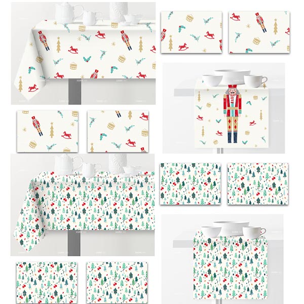Custom Christmas table linens collection featuring tablecloths, table runners, and placemats with festive nutcracker and Christmas tree patterns.